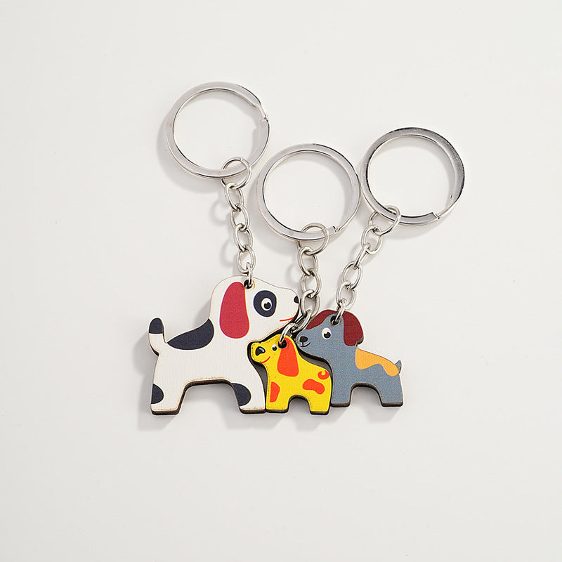Wholesale of Cute Cartoon Puppy Wooden Color Printed Parent-child Keychains